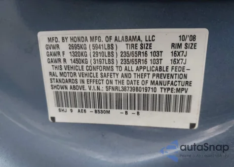 2009 Honda Odyssey Ex-L from USA, damaged, VIN 5FNRL38739B019710